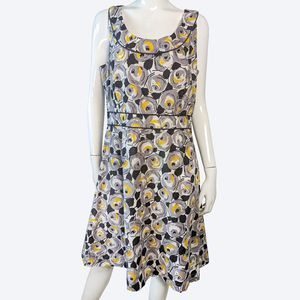 Boden Retro Rose Cotton Fit & Flare Dress in Gray & Yellow | 10R